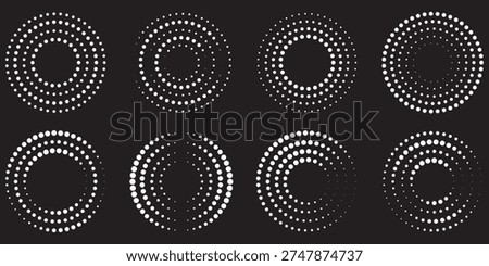 Circle dotted speed lines. Abstract round halftone circle frames, rotating dotted circle shapes. Speed lines circle frames. Round swirl and curves movement spiral symbols. Modern dots halftone icons.