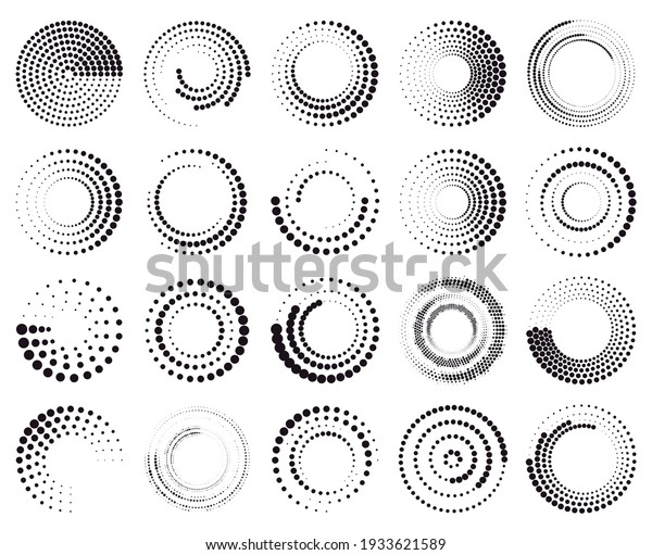 Circle dotted\
speed lines. Abstract round halftone circle frames, rotating dotted\
circle shapes. Halftone round elements vector illustration set.\
Geometric art, radial border for\
logo