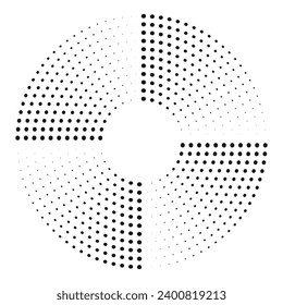 Circle dotted speed lines. Black thick halftone dotted speed lines. Round swirl and curves movement spiral symbol. Loading icon