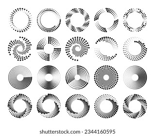 Circular líneas de velocidad punteadas. Círculos con patrón de dat, medio tono de espiral circular. Forma de movimiento de velocidad concéntrica para el logotipo, conjunto de vector giratorio dinámico radial. Elementos de movimiento rotatorio aislados en blanco