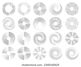 Circle dotted speed lines. Set of black thick halftone dotted speed lines. Round swirl and curves movement spiral symbols. Loading icons