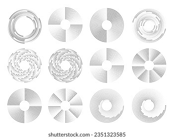 Circle dotted speed lines. Set of black thick halftone dotted speed lines. Round swirl and curves movement spiral symbols. Loading icons
