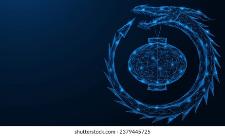 Circle dragon holds a Chinese lantern in its mouth. Polygonal design of interconnected lines and points. Blue background.