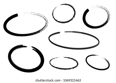 Circle draw set, design elements of highlighting, black marker isolated on white background, vector illustration.