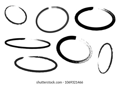 Circle draw set, design elements of highlighting, black marker isolated on white background, vector illustration.