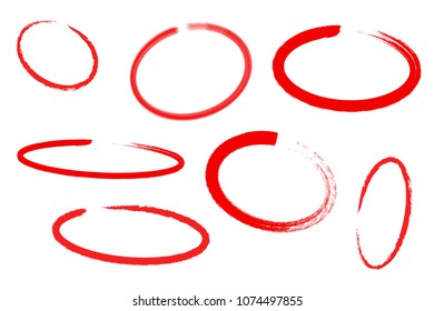 Circle draw set, design elements of highlighting, red marker isolated on white background, vector illustration.