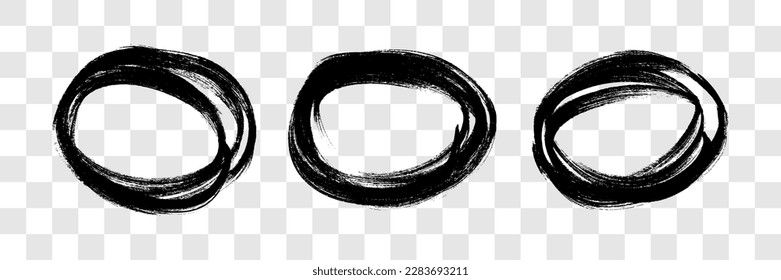 Circle drawn with a black marker. Set of three doodle style various scribble circles. Black hand drawn design elements on transparent background. Vector illustration