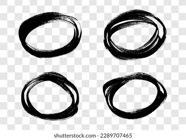 Circle drawn with a black marker. Set of four doodle style various scribble circles. Black hand drawn design elements on transparent background. Vector illustration