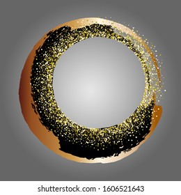 A circle drawn with a brush, strokes of gold and black paint. Round frame in the style of Japanese or Chinese painting