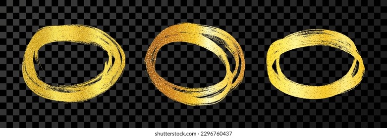 Circle drawn with a gold marker. Set of three doodle style various scribble circles. Gold hand drawn design elements on dark transparent background. Vector illustration