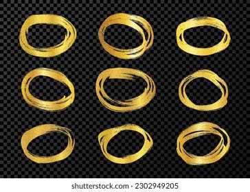 Circle drawn with a gold marker. Set of doodle style various scribble circles. Gold hand drawn design elements on dark transparent background. Vector illustration