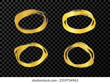 Círculo dibujado con un marcador de oro. Conjunto de cuatro estilos de doodle varios círculos de garabatos. Elementos de diseño dibujados a mano dorada sobre fondo transparente oscuro. Ilustración del vector