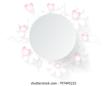 Circle with Drop shadow Heart,Flower, White background. Vector Illustration.