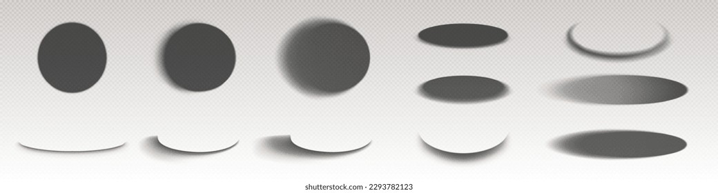 Circle drop shadows, round and ellipse shades. Soft gray oval gradients in side and top view isolated on transparent background, vector realistic illustration