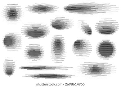 Circle drop shadows set with bitmap effect isolated on white background. Soft gradient shapes with pixel noise. Vector dither gradation Y2K retro elements.