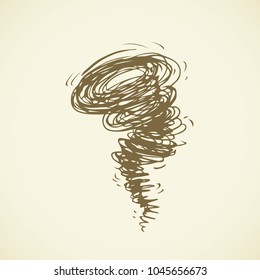 Circle dust spin fast twirl blow eddy blizzard isolated on white sky backdrop. Freehand outline black ink hand drawn picture sign sketchy in art scribble retro style pen on paper with space for text