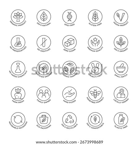 Circle Eco Certification Icons Set Organic Natural Vegan Sustainable Recyclable Packaging Vector Illustration