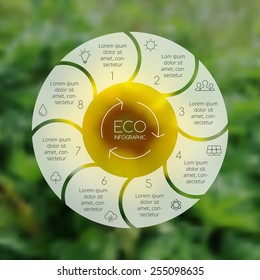 Circle eco infographic. Ecology template for diagram, graph, presentation and chart. Environmental care concept with 8 options, parts, steps or processes. Nature sunflower vector blur background.