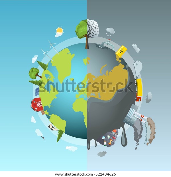 Circle ecology composition with cartoon style drawn\
earth globe divided into two halves clean and polluted vector\
illustration 