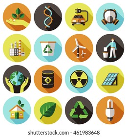 Circle ecology icons set with elements of natural and organic healthcare and saving the planet vector illustration