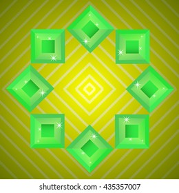 Circle of eight tetrahedral minimalistic shiny green emerald  on a gold retro background.