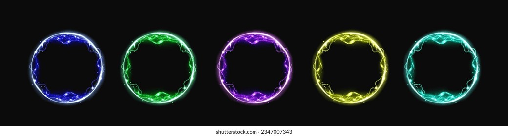 Circle electric energy lightning vector effect frame. Magic bolt ring border with spark. Neon plasma ball with abstract thunderbolt flash. 3d fantasy flare round sphere shape with thunderstorm