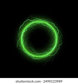 Circle of electric lightning. Vector neon green round frame design with bright lightning bolts on isolated black background, ideal for interfaces and game design.