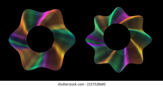 Circle electronic multicolored sound waves on black background. Radial multicolored waves. Frequency sound waveform, voice graph signal. Voice recognition concept. Vector illustration.