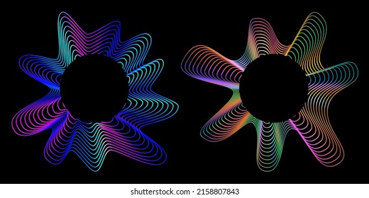 Circle electronic multicolored sound waves on black background. Radial multicolored waves. Frequency sound waveform, voice graph signal. Voice recognition concept. Vector illustration.