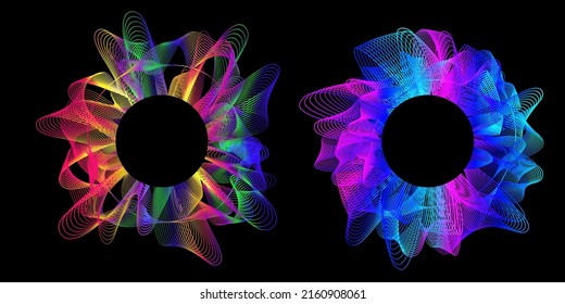 Circular ondas de sonido multicolores electrónicas sobre fondo negro. Olas radiales multicolores. Forma de onda de sonido de frecuencia, señal de gráfico de voz. Concepto de reconocimiento de voz. Ilustración vectorial.