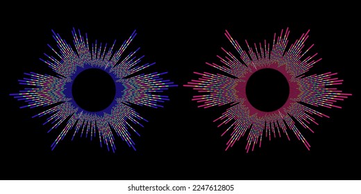 Circle electronic multicolored sound waves on black background. Radial colored waves. Frequency sound waveform, voice graph signal. Voice recognition concept. Vector illustration.