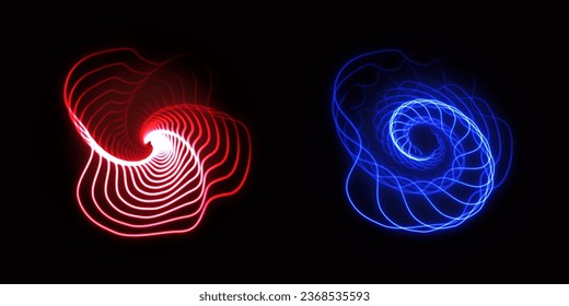 Circle electronic sound waves on black background. Radial red and blue waves. Frequency sound waveform, voice graph signal. Voice recognition concept. Vector illustration.