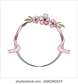 Marco elegante del círculo con las flores, arte de la línea, subcapa colorida. Tarjeta de felicitación, invitación, celebración. Ilustración vectorial. Aislado en blanco.