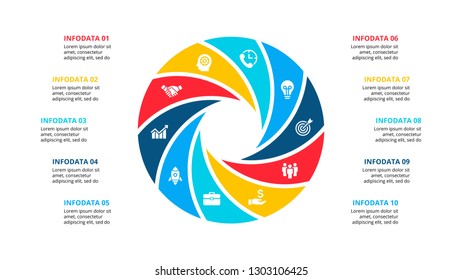 Circle element for infographic with 10 options, parts or steps. Template for cycle diagram, graph and round chart.