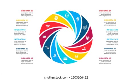 Circle element for infographic with 12 options, parts or steps. Template for cycle diagram, graph and round chart.