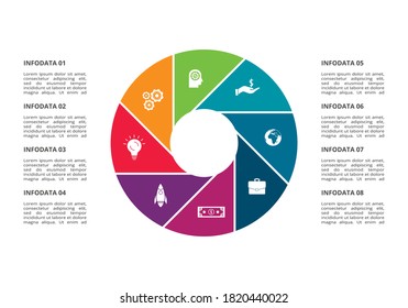 Circle elements of graph, diagram with 8 steps, options, parts or processes. Template for infographic, presentation.