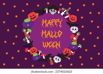 A circle of elements for Halloween and Day of the Dead. Fun pumpkin, bats, joyful skulls, potion cauldron, candles, stars, mushrooms, isolated icons on purple background.  Hand drawn artwork 