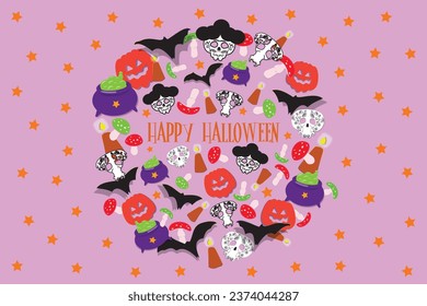 A circle of elements for Halloween and Day of Dead. Fun pumpkin, bats, joyful skulls, potion cauldron, candles, stars, mushrooms, isolated icons on purple background.  Hand drawn for beautiful design