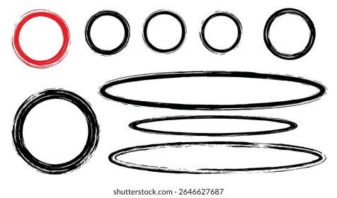 Circle Ellipse Brush Stroke Set Design Elements Isolated on White Vector Illustration