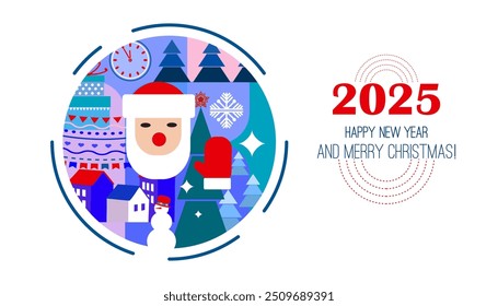 Circle emblem with different winter and New Year icons and abstract shapes. Applicable to festive card, print, poster, etc. Vector illustration. Happy New Year and Christmas card.