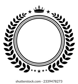 Circle emblem illustration with bay leaf and crown on white background