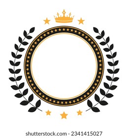 Circle emblem illustration with bay leaf and crown on white background