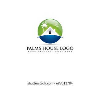 circle emblem logo about beach real estate with white house and coconut tree behind