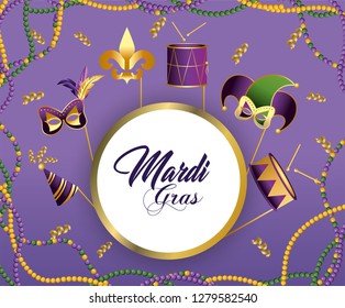 circle emblem with party decoration to merdi gras