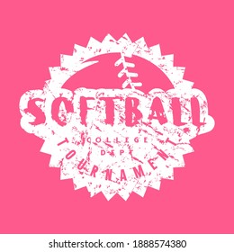 Circle emblem of softball junior tournament. Graphic design with vintage texture for t-shirt. White print on pink background