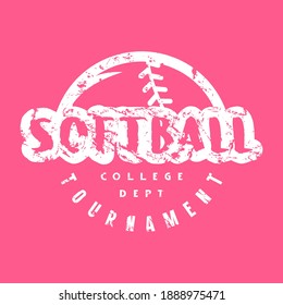 Circle emblem of softball junior tournament. Graphic design with vintage texture for t-shirt. White print on pink background