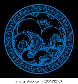 Circle emblem with storm sea. Waves, the ocean.