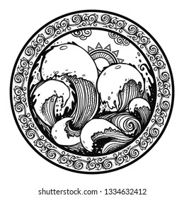 Circle emblem with storm sea. Waves, the ocean.