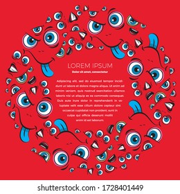 marco emoticono circular con lugar para el texto. El patrón de caras con diferentes emociones en un fondo rojo. Garabatos divertidos. Plantillas vectoriales para tipografía o diseño web.