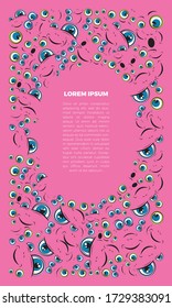 circle emoji frame with place for text. The pattern of faces with different emotions on a pink background. Funny scribbles. Vector templates for typography or web design.